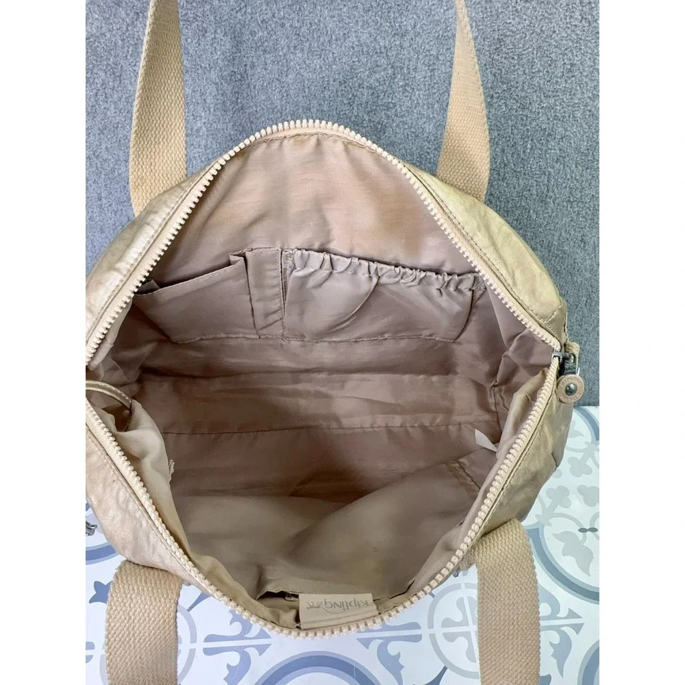 Kipling Metallic Gold Defea Handbag Nylon Tote Shoulder Bag‎ Multiple Pockets